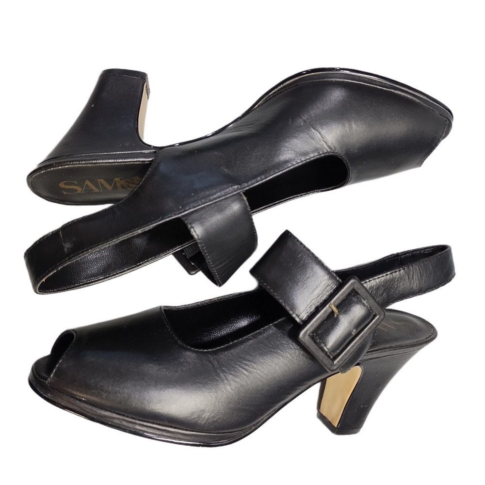 Sam & Libby Heeled Sandals Womens Size 5.5B Black Leather Peep Toe Buckle Strap